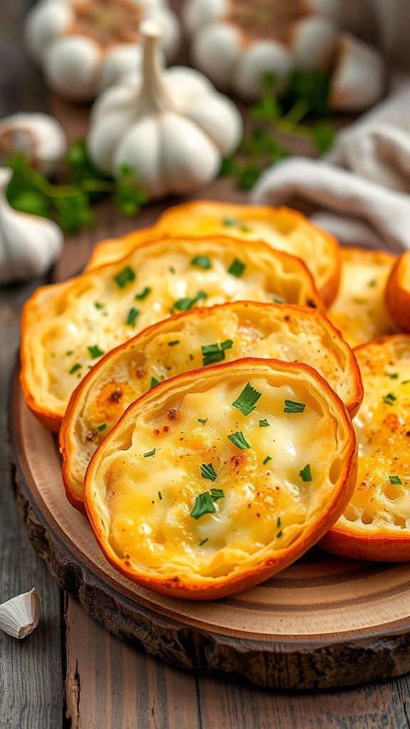 Crispy Garlic Bread Recipe Golden garlic bread slices on a wooden platter, garnished with parsley, in a cozy kitchen setting.